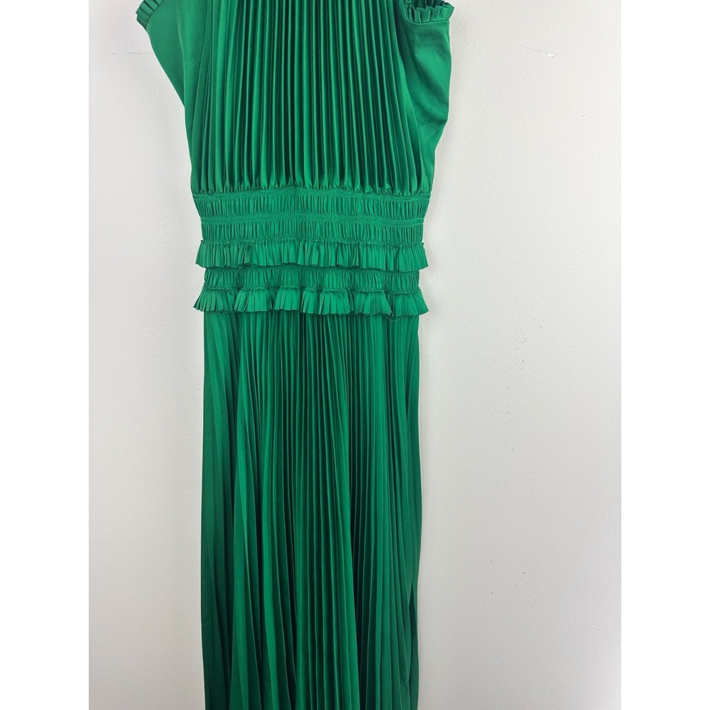 BCBGMAXAZRIA Emerald Green Satin Plisse High-Neck Maxi Dress XXS Pleated Elegant - Picture 7 of 16
